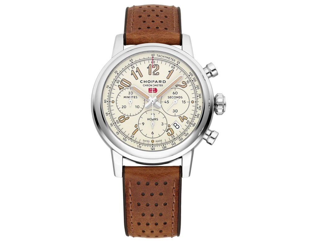Chopard Mille Miglia Classic Chronograph Raticosa with an eggshell dial and perforated brown strap
