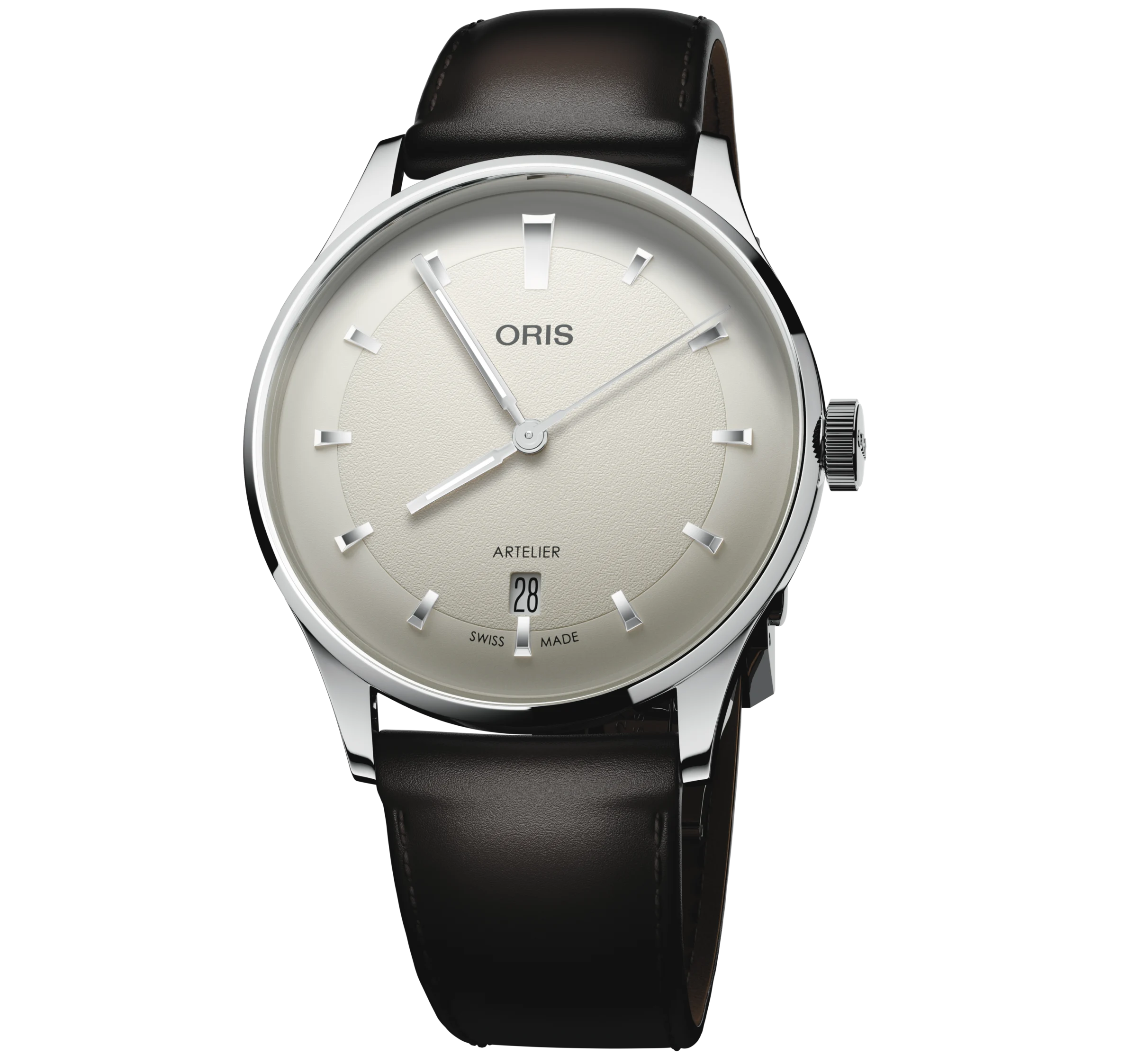 Oris Artelier Date with a cream dial and brown leather strap