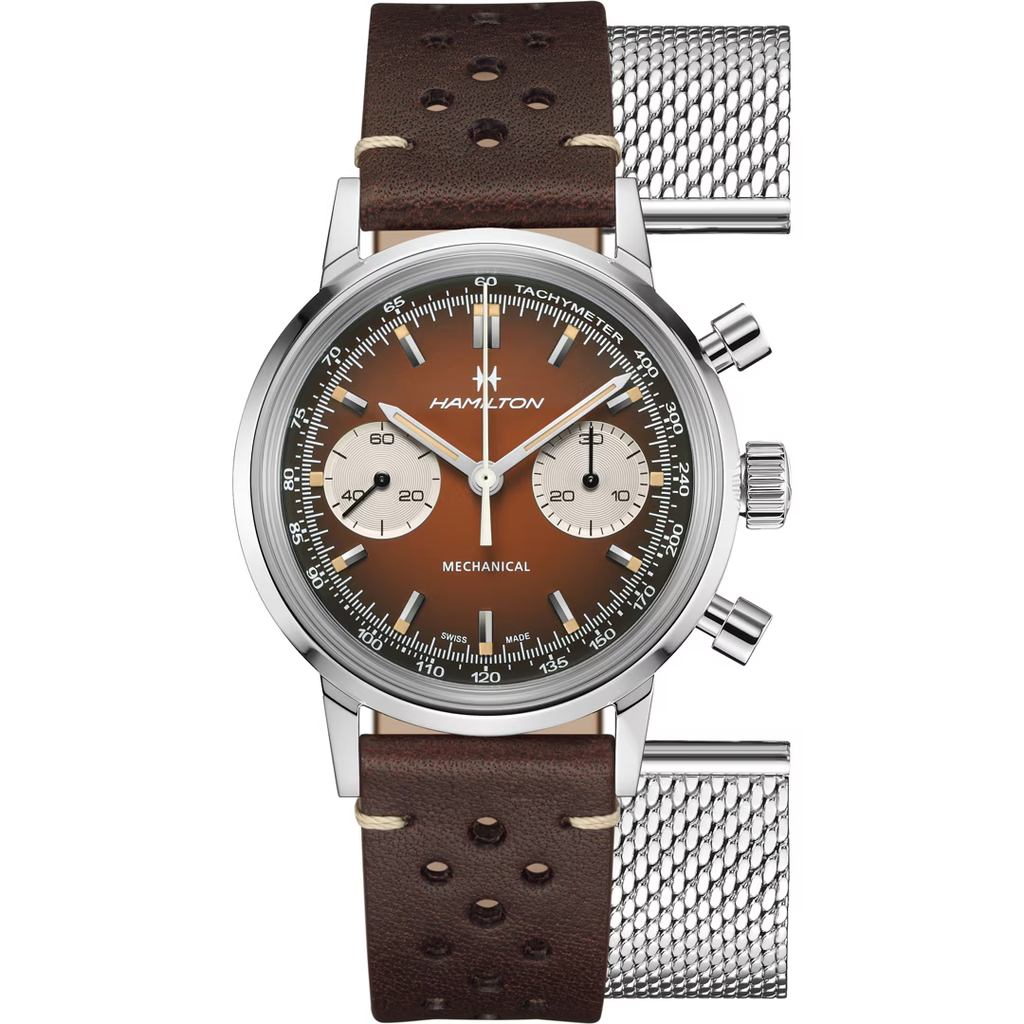 Hamilton Intra-Matic Chronograph H Mechanical H38429591 with a brown racing-style dial