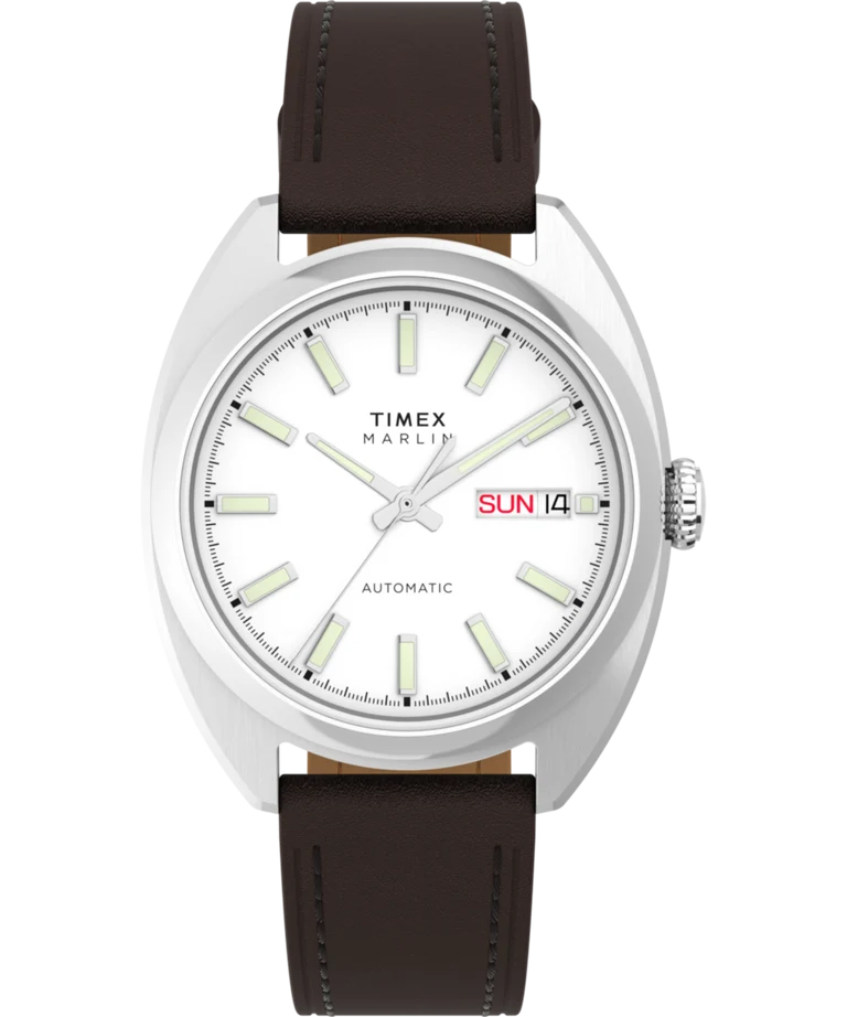 Timex Marlin Draper Automatic TW2Y65200 with a silver dial and brown leather strap