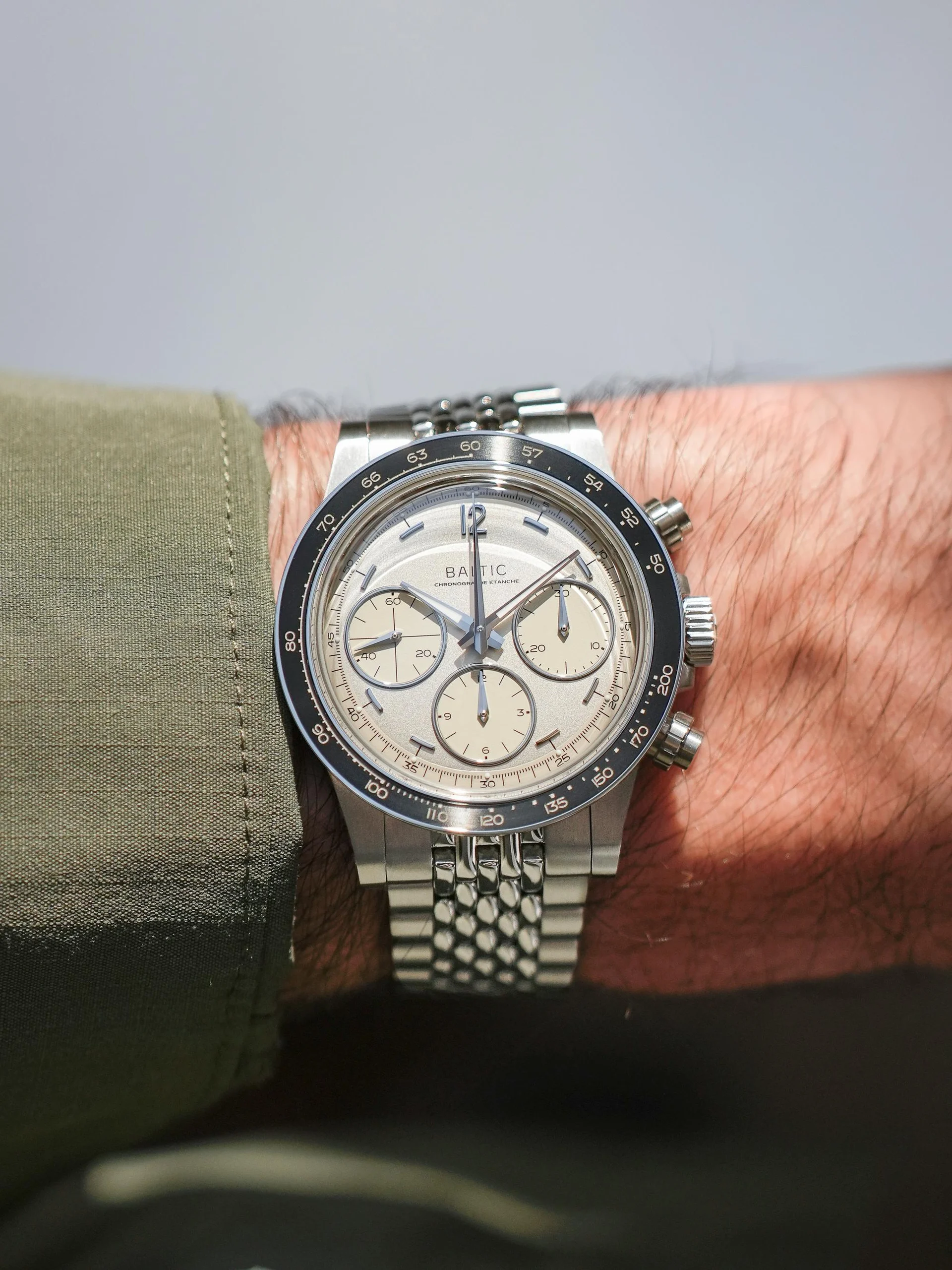 Baltic Scalegraph chronograph on a steel bracelet, featured among the best mechanical chronographs under $5000